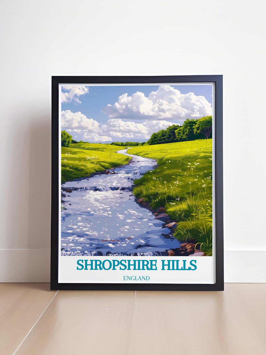 This National Park Poster showcases the picturesque landscapes of Shropshire Hills and Carding Mill Valley combining the historic charm of Shrewsbury with the serene beauty of West Midlands AONB making it an ideal piece for those who appreciate nature and classic travel art.