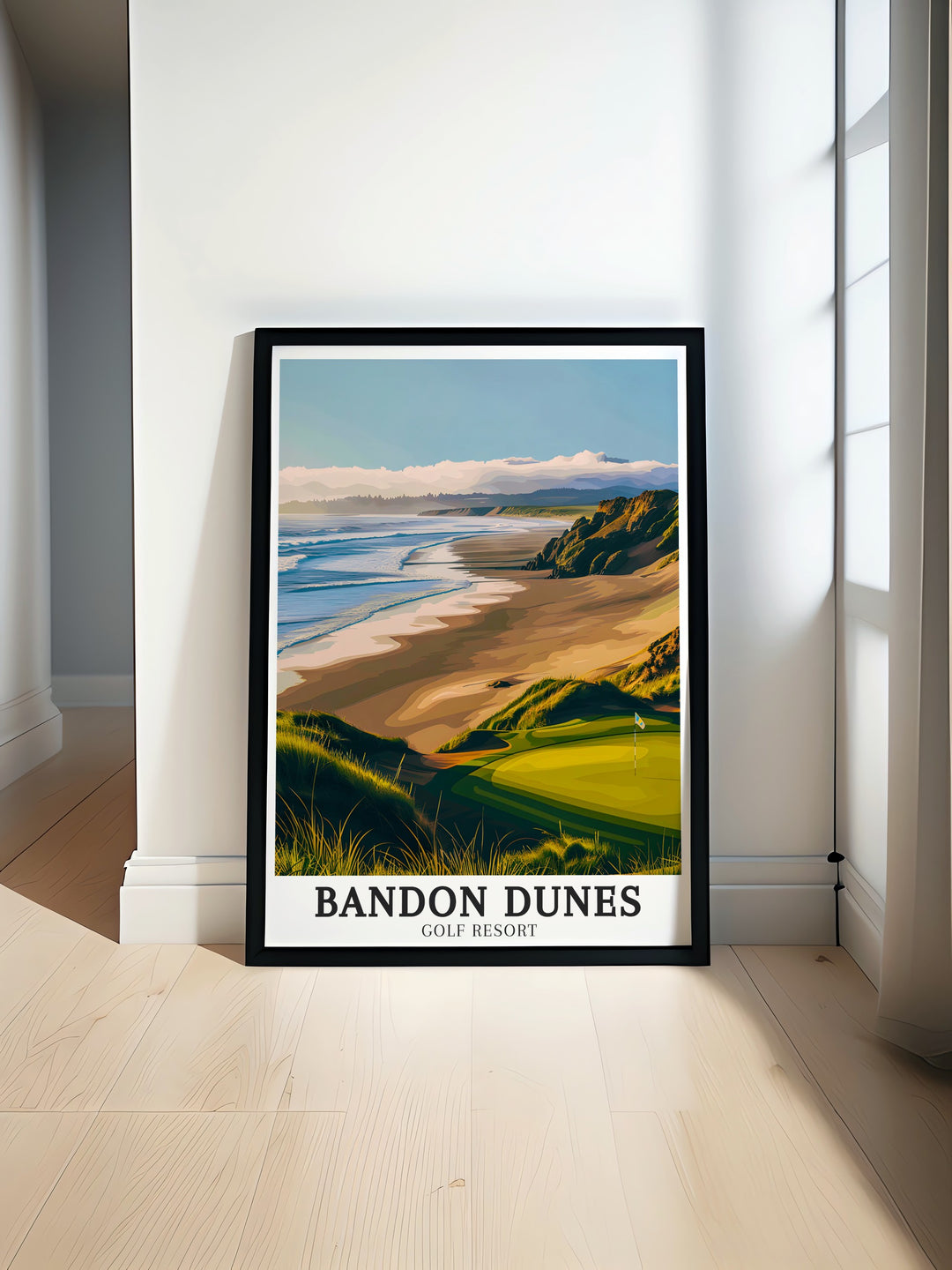 Unique travel poster highlighting the majestic landscape of Bandon Dunes and the Pacific coastline, an elegant décor piece for golf enthusiasts.