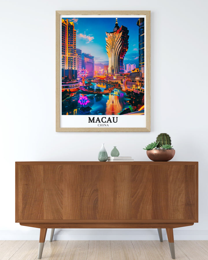 Enhance your wall decor with this exquisite Macau Travel Print capturing the essence of Macau Cotai Strip Casino Grand Lisboa The intricate design and vibrant colors make it a perfect choice for gifting on birthdays anniversaries or Christmas