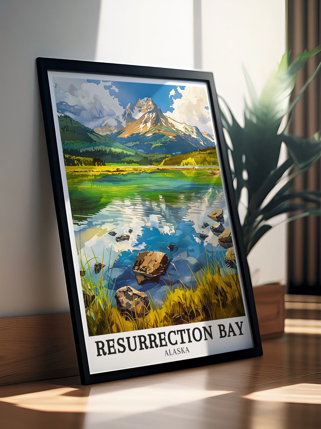 A stunning art print featuring Resurrection Bay, Mount Edgecumbe, and Aialik Bay in Alaska. This travel poster captures the breathtaking beauty of these iconic locations, making it a perfect addition to any home or office decor for nature lovers and adventurers.