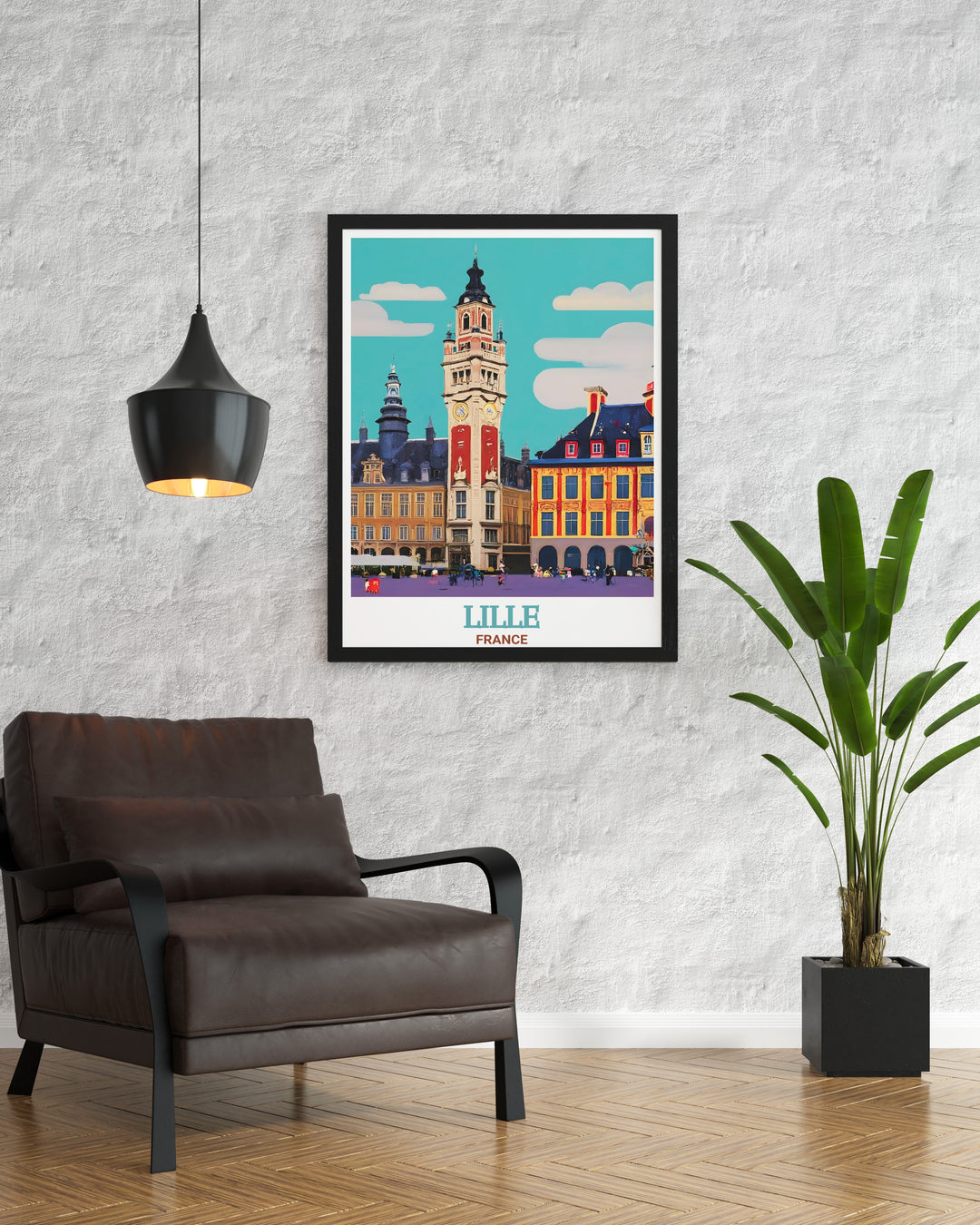 A framed art print of Lille, France, depicting the charming streets and grand architecture of Grand Place. This vintage inspired poster is ideal for lovers of French travel and history, offering a timeless reminder of Lilles cultural significance.