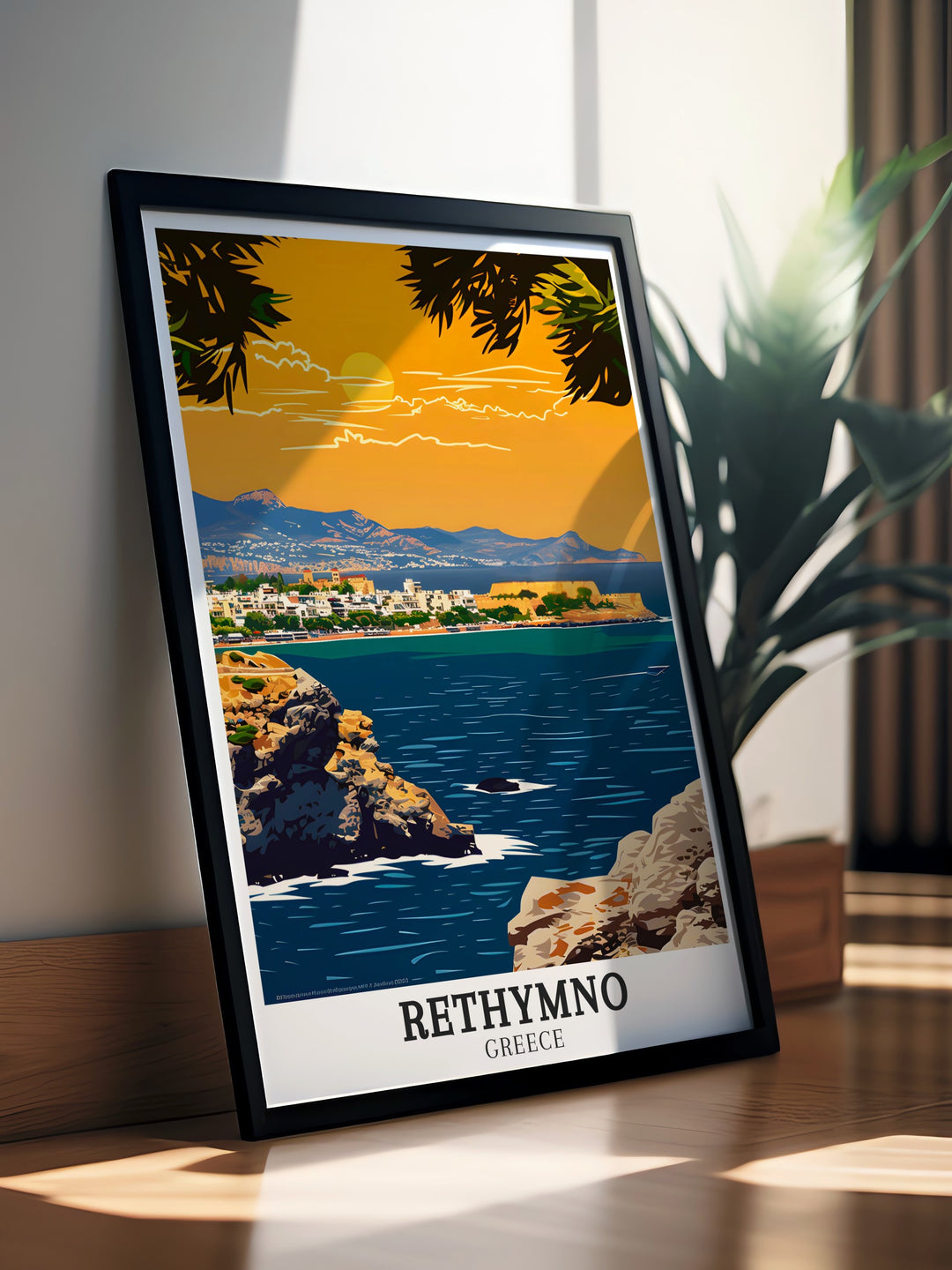 Add Greece wall decor to your home with this Rethymno travel poster featuring the historical Fortezza Crete vibrant colors and stunning design make this print an exceptional piece of art for any room or gift for travel lovers