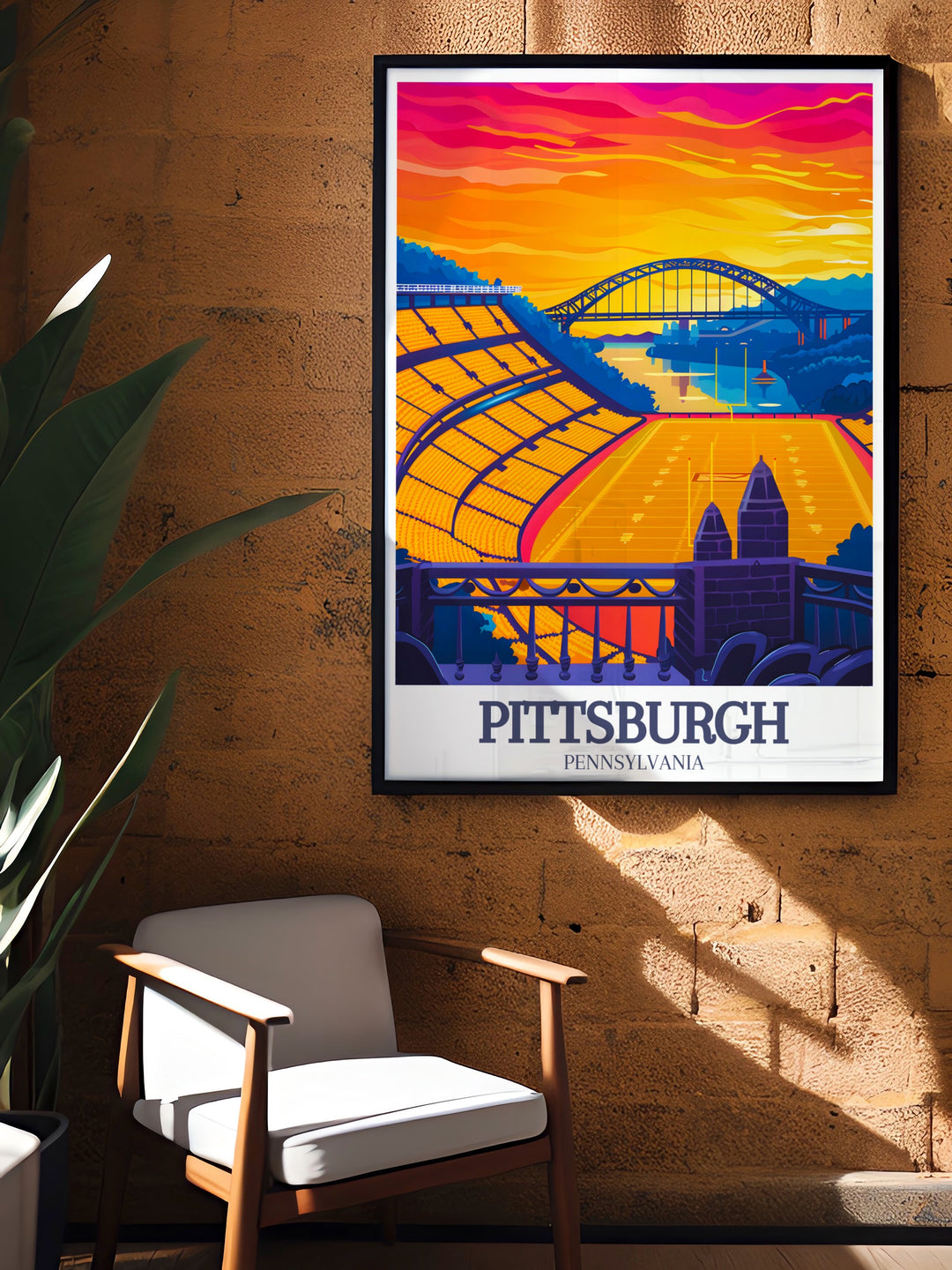 Bring the iconic landmarks of Pittsburgh into your home with a travel poster print of Fort Pitt Bridge and Heinz Field. This city color palette print offers a unique perspective on the citys architectural marvels