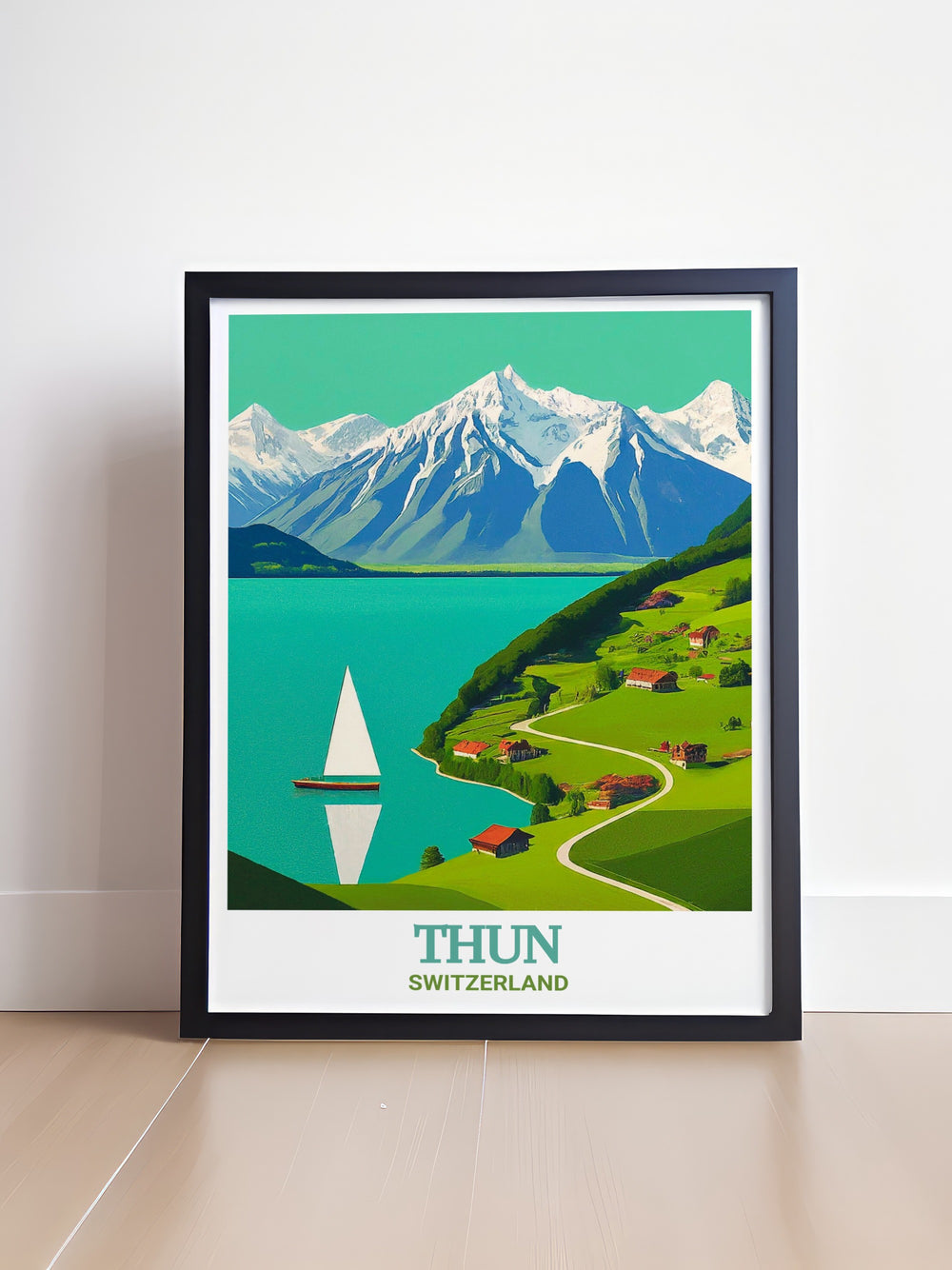 Thun Travel Poster, a stunning visual representation of Lake Thun and the picturesque mountains of Switzerland. Perfect for travel enthusiasts, this print brings the wonders of the Swiss Alps into your home.