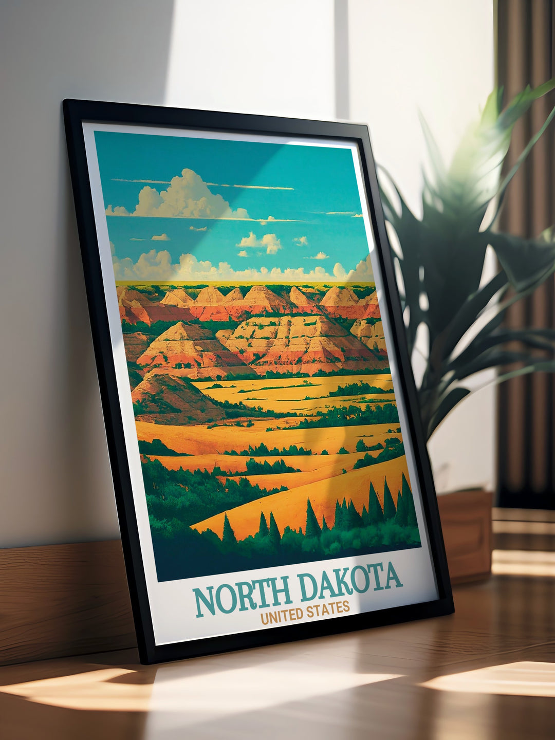 Theodore Roosevelt National Park Wall Art depicting the raw beauty of North Dakotas Badlands. This canvas print offers a breathtaking view of the parks landscape, with intricate details of its cliffs and canyons. Ideal for nature inspired decor or as a thoughtful travel gift.