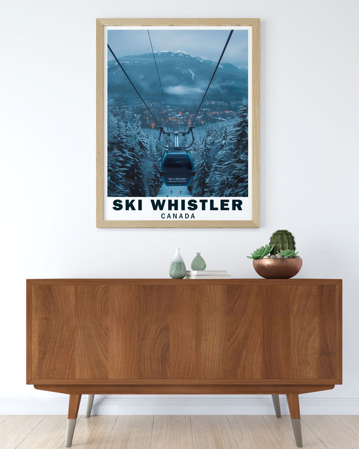 Capture the stunning beauty of Whistler Ski Resort and the Peak 2 Peak Gondola with this vintage style ski poster. Perfect for ski lovers and adventurers, this travel print highlights Canadas iconic ski slopes, offering a timeless winter scene ideal for home or office décor.