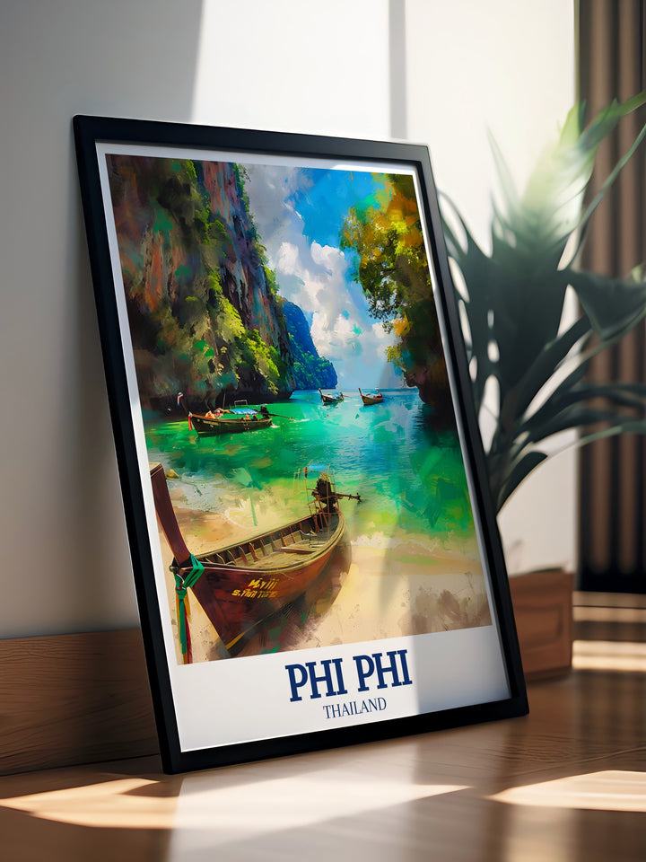 Capture the breathtaking beauty of Phi Phi Islands with this vibrant poster print featuring Maya Bay and Phi Phi Ley. Perfect for home decor or as a gift, this tropical wall art brings Thailands iconic beach landscapes into your living space.