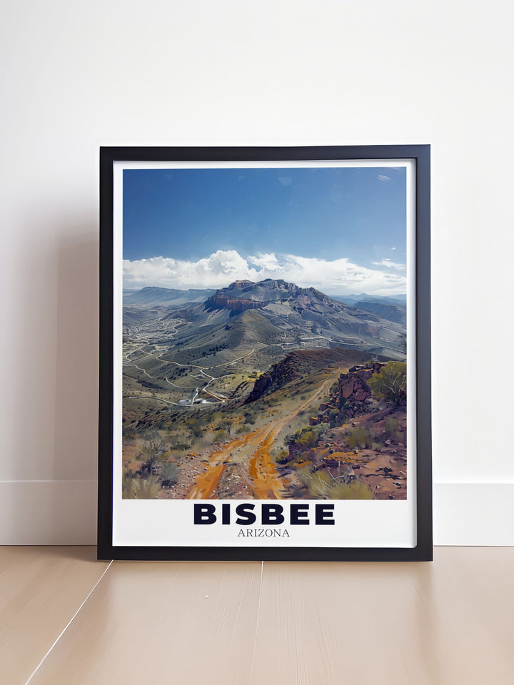 Mule Mountains modern prints featuring the breathtaking landscape of Bisbee Arizona. This Arizona travel art is perfect for home decor or as a thoughtful gift for anyone who loves the natural beauty of Arizonas Mule Mountains.