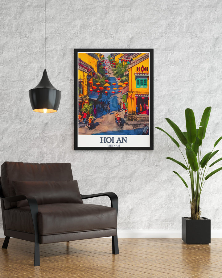 Hoi Ans iconic Nguyễn Thái Học Street is featured in this travel print, capturing the mix of traditional Vietnamese and French colonial architecture. A must have for lovers of history, culture, and travel art.