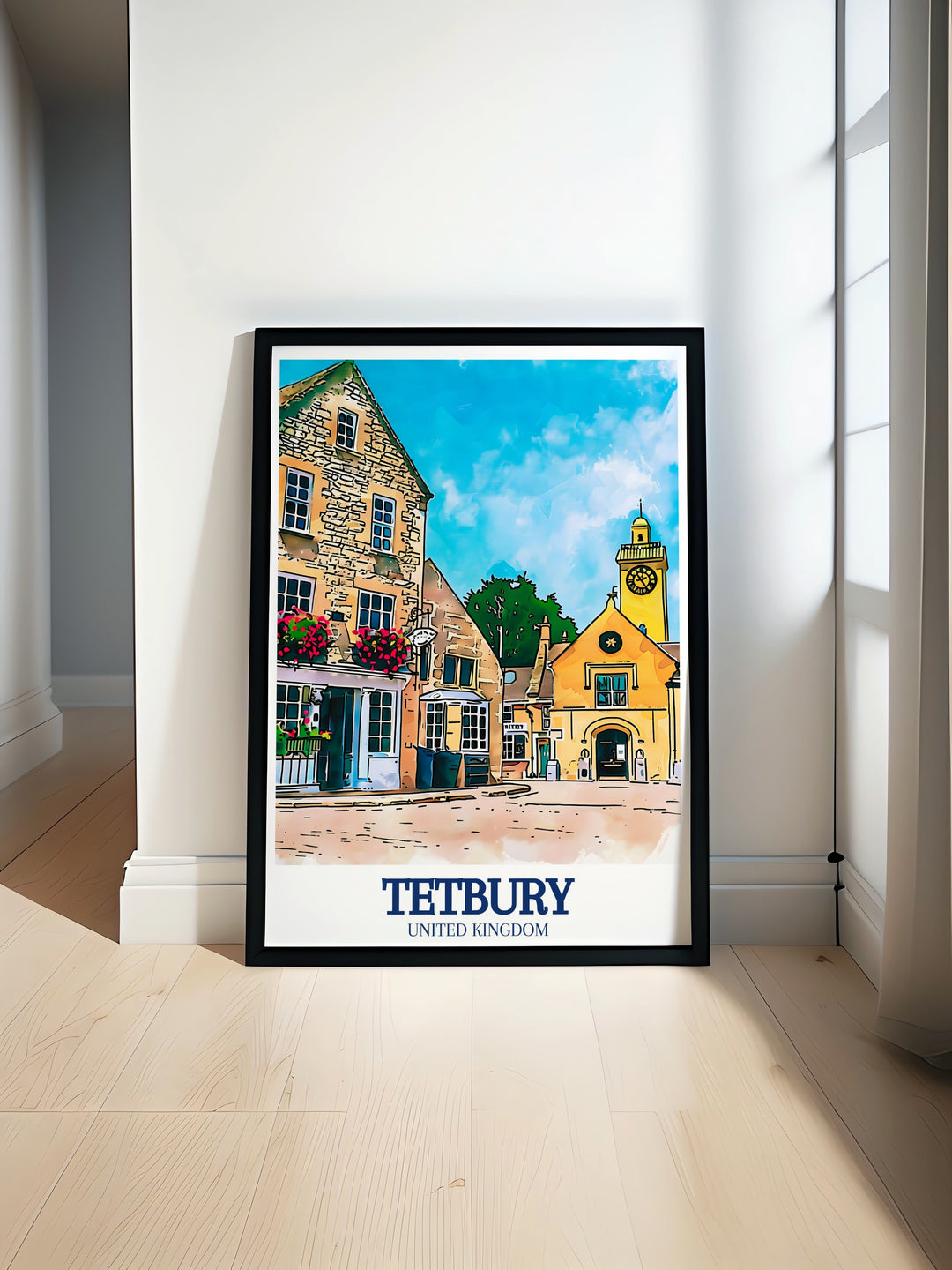 Our Tetbury travel poster offers a glimpse into the serene beauty of this historic market town, featuring the Tetbury Town Hall and High Street. This piece is perfect for adding a touch of English countryside charm to your home or office decor.