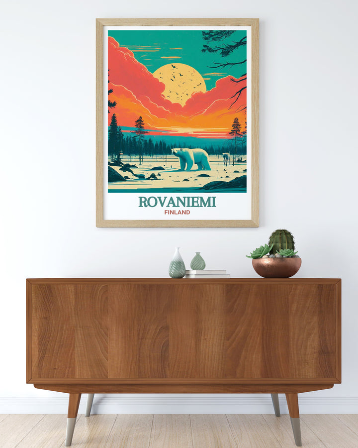 A beautifully crafted art print that portrays Rovaniemi, Finland, and the nearby Ranua Wildlife Park. The artwork is perfect for adding a touch of Nordic charm to your home decor, with its depiction of Arctic animals and serene landscapes.