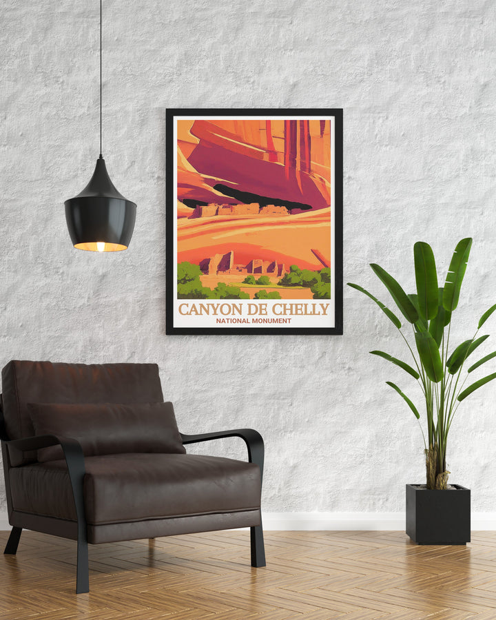 Enhance your home decor with this detailed art print of Arizonas Canyon de Chelly, showcasing the stunning views and historical significance of the Antelope House Ruin. Ideal for anyone who loves the beauty and history of the American Southwest.