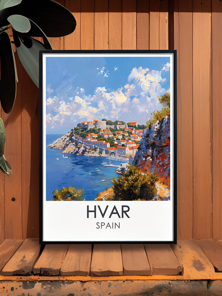 Framed art print of Hvar Island, showcasing its diverse attractions, from historical landmarks to natural wonders. This artwork adds a touch of Croatian beauty to your home, perfect for creating a relaxing and serene atmosphere.