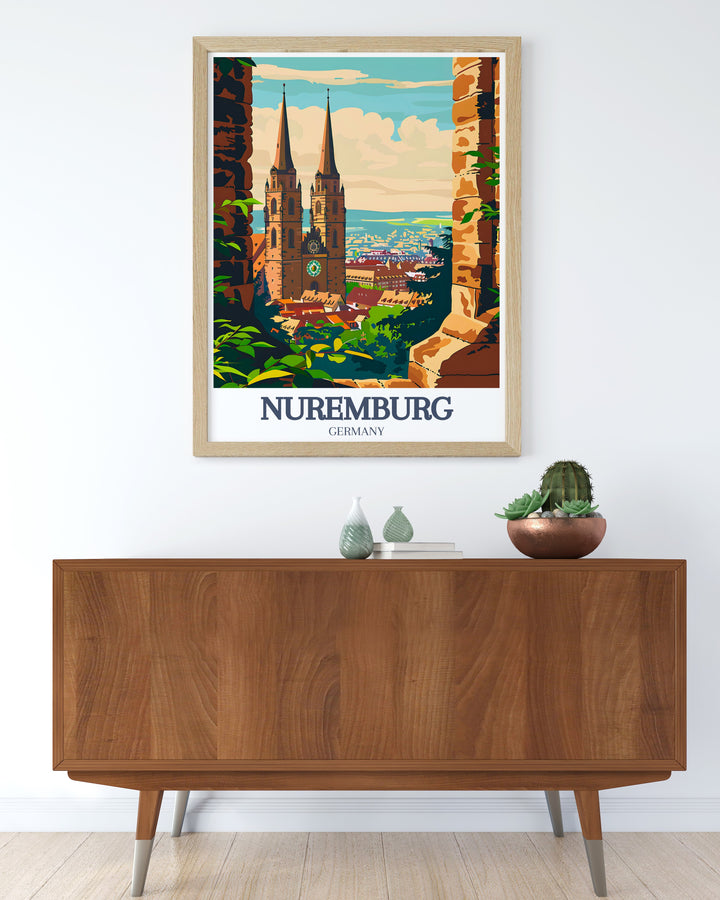 St. Lorenz Church travel print highlighting the Gothic elegance of one of Nurembergs most famous landmarks. This minimalist poster captures the churchs towering presence, offering a timeless piece of decor for history lovers and travelers alike. Ideal as a personalized gift or wall art.