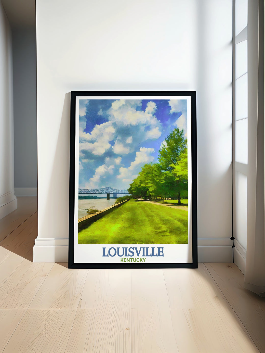 This Louisville wall art print highlights the peaceful atmosphere of Waterfront Park, featuring the Ohio River and the citys iconic bridges. The detailed illustration is perfect for adding a touch of Kentuckys beauty to any room.