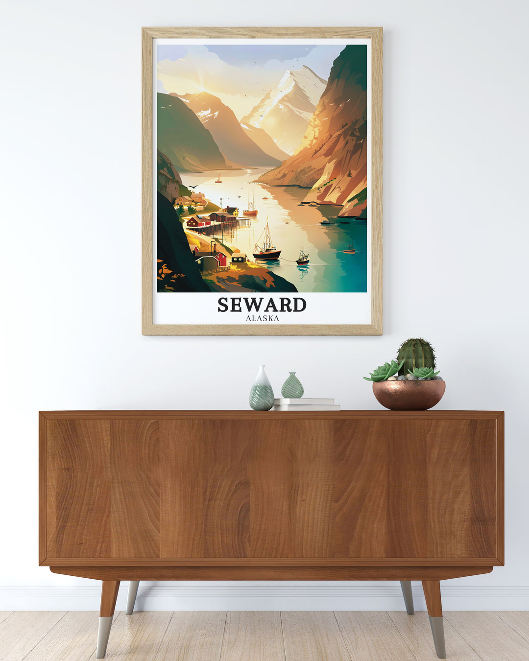 Striking Seward poster illustrating the powerful presence of Mount Marathon and the peaceful surroundings of Resurrection Bay. The print celebrates the unique blend of adventure and tranquility that defines Seward, making it a cherished piece for any lover of Alaska art