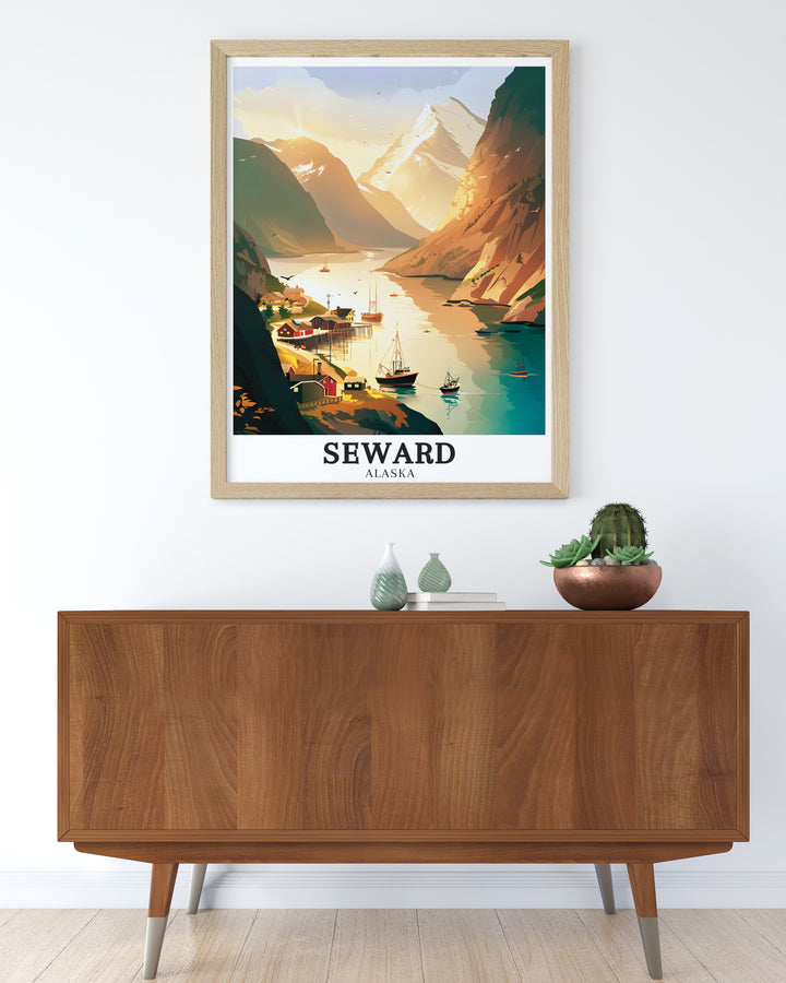 Striking Seward poster illustrating the powerful presence of Mount Marathon and the peaceful surroundings of Resurrection Bay. The print celebrates the unique blend of adventure and tranquility that defines Seward, making it a cherished piece for any lover of Alaska art