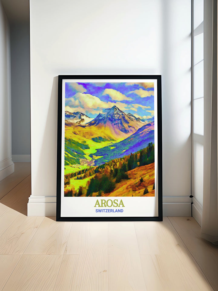 Switzerland Canvas Art highlighting the breathtaking views of the Swiss Alps, including the picturesque town of Arosa and the towering Arosa Weisshorn. The artwork captures the essence of Alpine beauty, ideal for enhancing your living space with a touch of Switzerlands charm