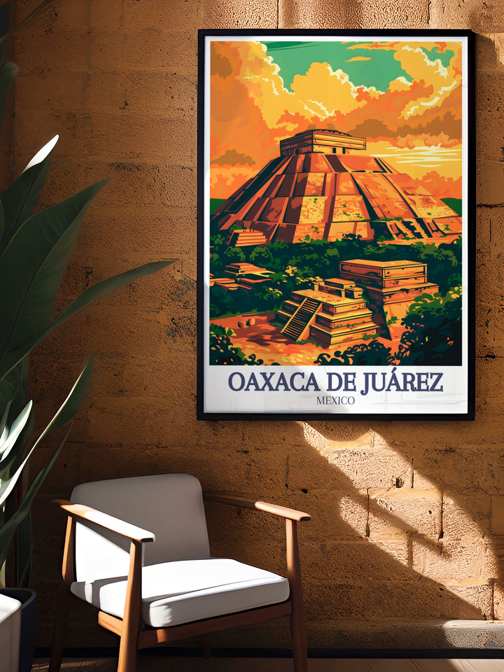 Explore the timeless beauty of Mexico with this Oaxaca travel print, showcasing Monte Albán, one of the oldest cities in Mesoamerica. This artwork blends the ancient Zapotec metropolis with the vibrant spirit of Oaxaca de Juárez.