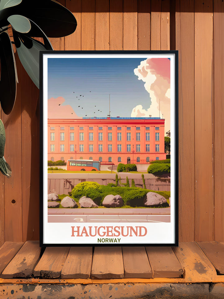 Featuring Haugesund City Hall and the historic Haraldshaugen, this canvas art beautifully portrays the connection between Norways Viking past and its picturesque coastlines, perfect for Scandinavian decor.