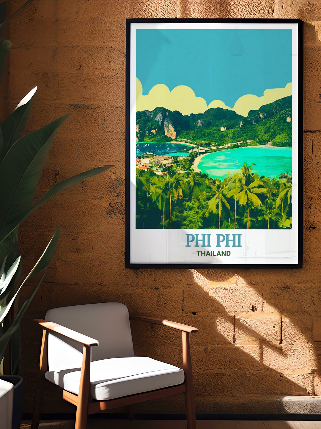 Thailand vintage poster featuring the breathtaking view from the Phi Phi Viewpoint, where the vibrant blues of the ocean meet the rich greens of the islands flora. This custom print adds a timeless touch to your wall décor, ideal for travel enthusiasts and nature lovers.