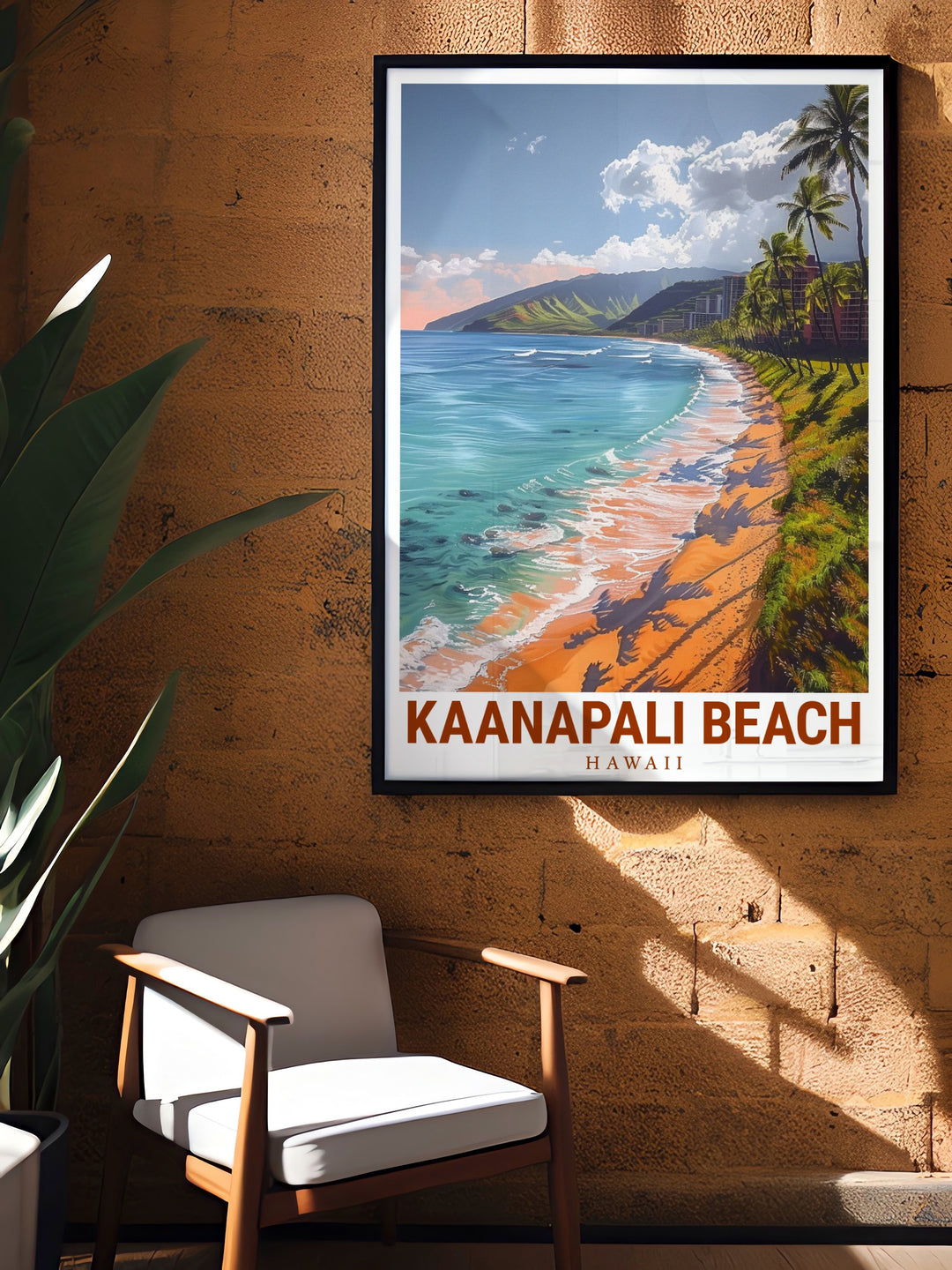 Kaanapali Beach vintage poster showcasing the timeless beauty of this Hawaiian paradise. The travel art reflects the calmness and tranquility of Mauis iconic coastline, making it a great addition to any room that needs a splash of island serenity.