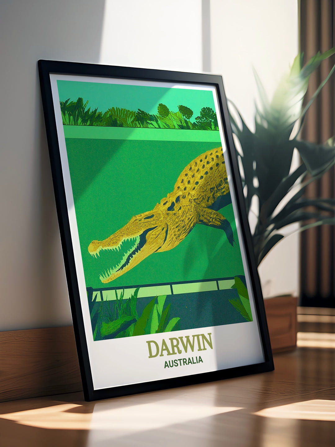 Crocosaurus Cove print from Darwin, Australia, showcases the thrilling experience of encountering Australias legendary crocodiles. This art piece is more than just a travel poster—its a testament to the wild allure of Australia, perfect for adding a touch of adventure to your wall decor.