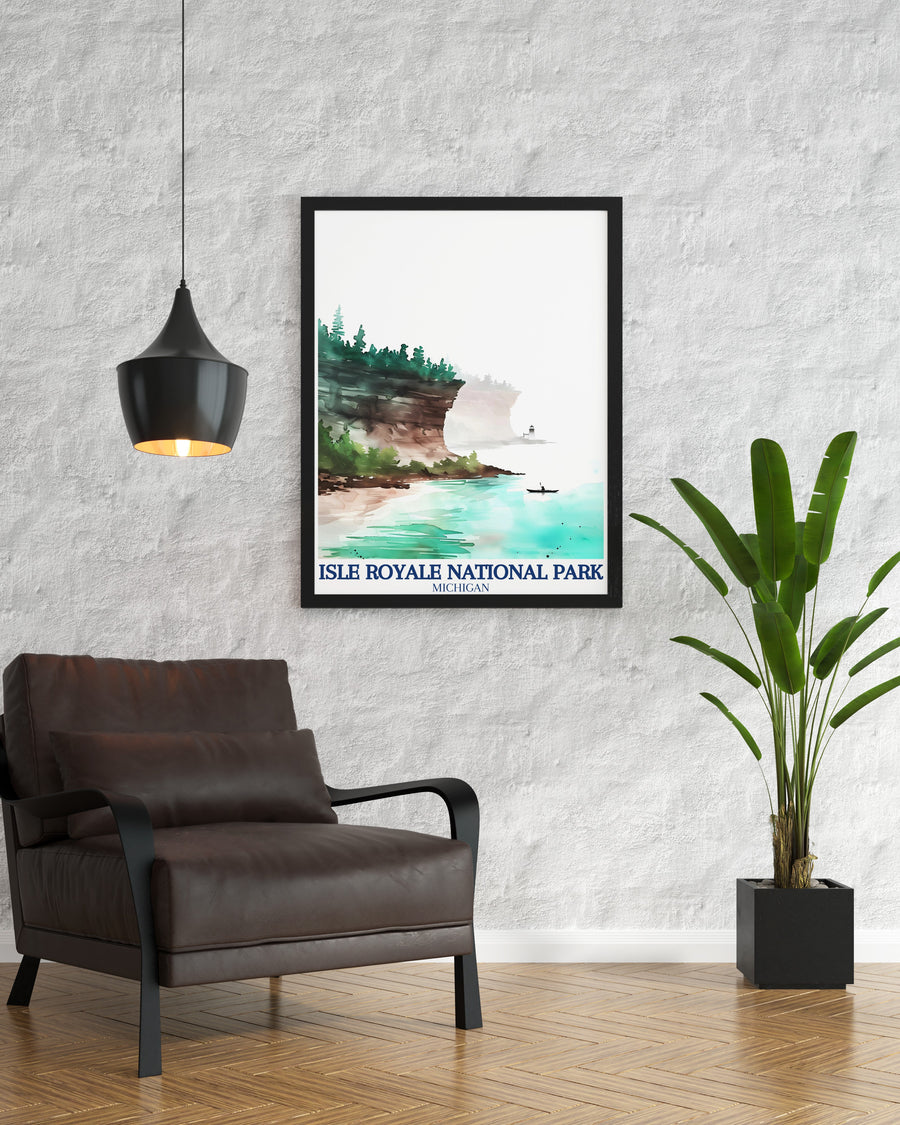 A stunning wall art piece showcasing the scenic views of Lake Superior and its surroundings. The tranquil atmosphere invites viewers to experience the magic of Isle Royale National Park, making it a perfect addition to any decor.