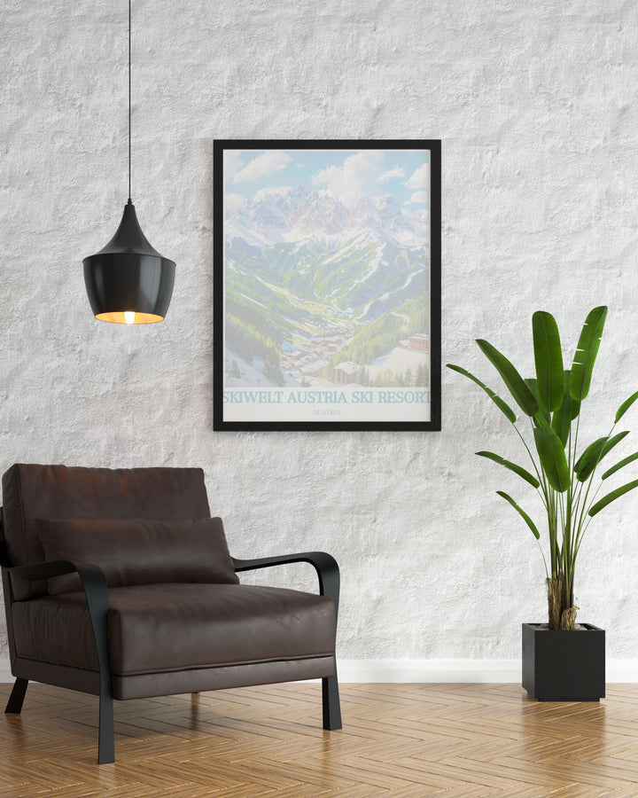 The Ellmau Modern Art Print of SkiWelt Austria is a beautiful addition to any room. With its vintage ski poster style and vibrant alpine imagery, this print brings a sense of adventure and elegance to your space, making it a standout choice for Ellmau wall decor.