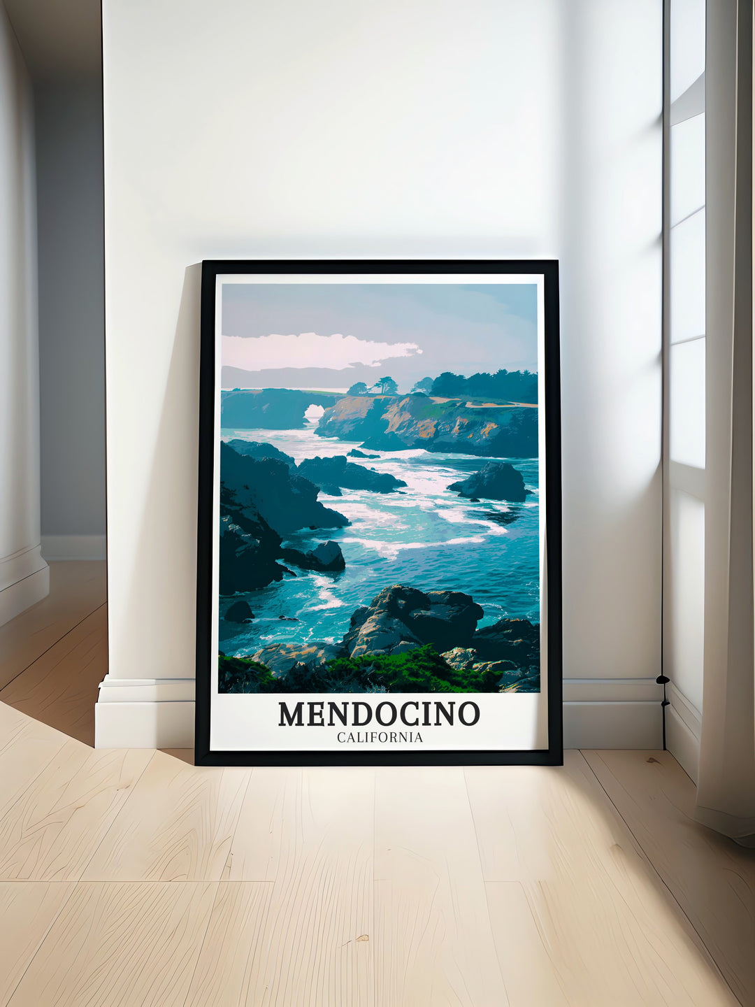 Mendocino Coast and Pacific Ocean art deco travel posters showcasing vibrant landscapes and serene waters of Northern California. These framed travel posters are ideal for adding a touch of coastal elegance to your wall decor. Experience the charm of the Mendocino Coast through our beautifully crafted art deco travel posters.