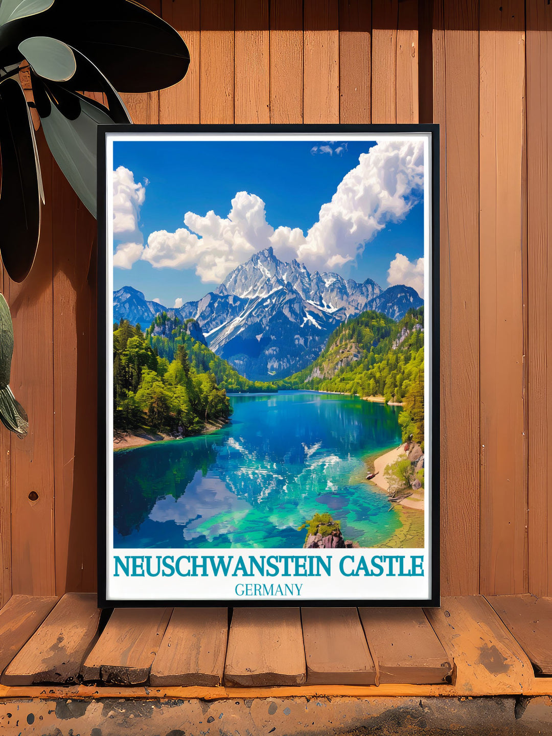 Experience the historic and natural beauty of Neuschwanstein Castle and Alpsee Lake with this detailed poster, capturing their timeless charm and scenic views, perfect for adding a touch of elegance to your home.