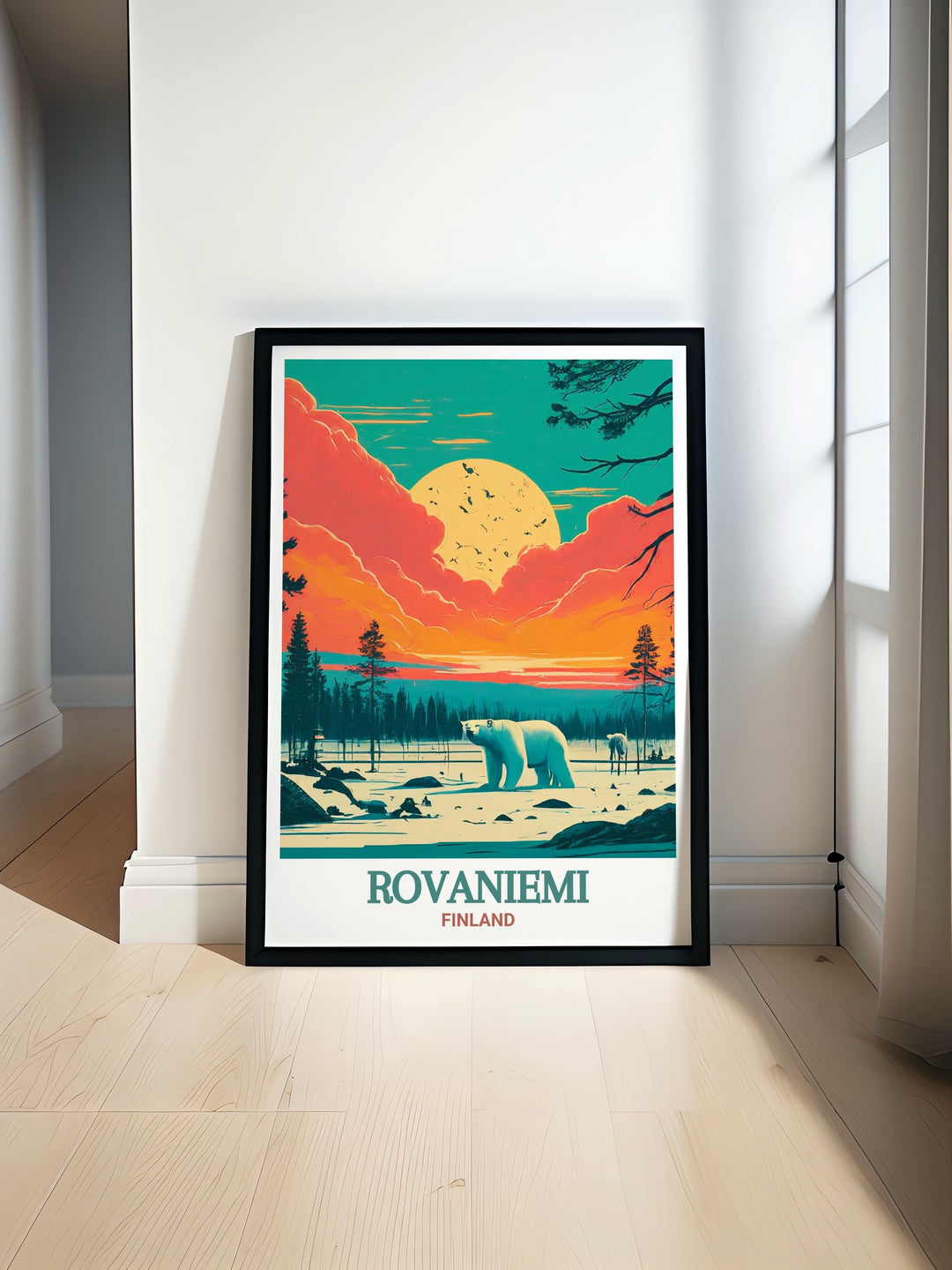 This travel print of Rovaniemi and Ranua Wildlife Park in Finland features a detailed representation of the Arctic landscape, highlighting the parks diverse wildlife and the tranquil atmosphere of Finnish Lapland.