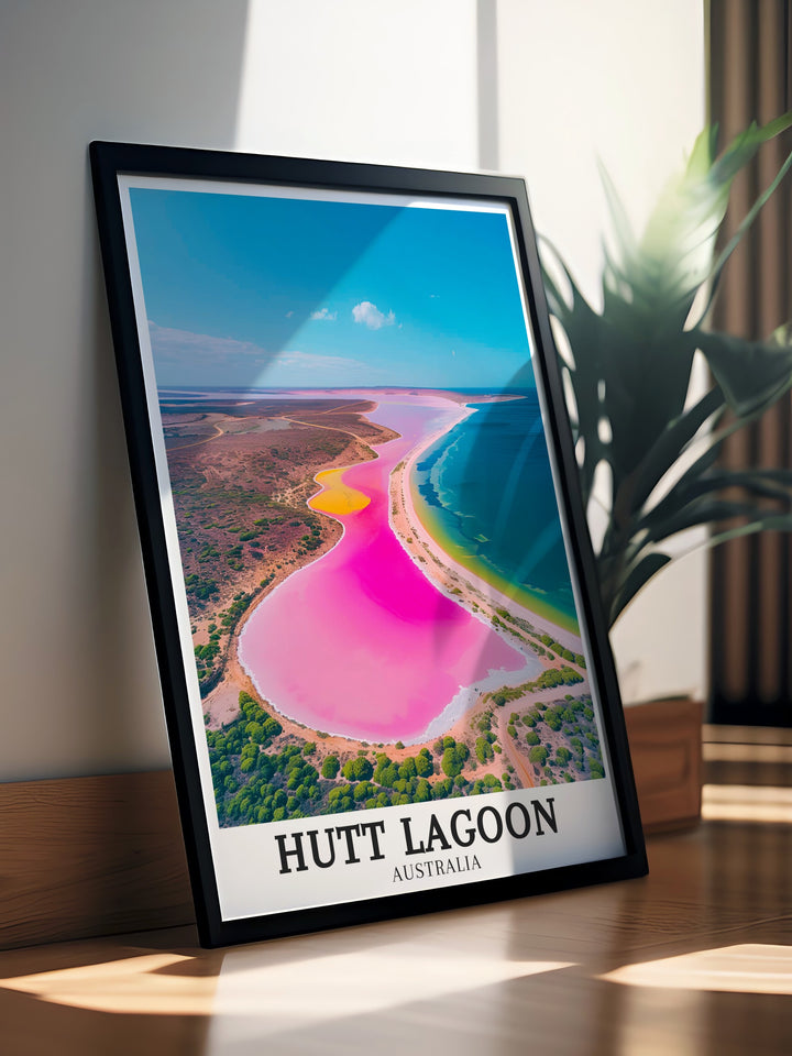 The Hutt Lagoon Poster showcases the extraordinary Pink lake Kalbarri making it an ideal Australia Souvenir or gift for loved ones The rich colors and peaceful scene make this artwork a cherished addition to any space bringing a touch of Australia to your home