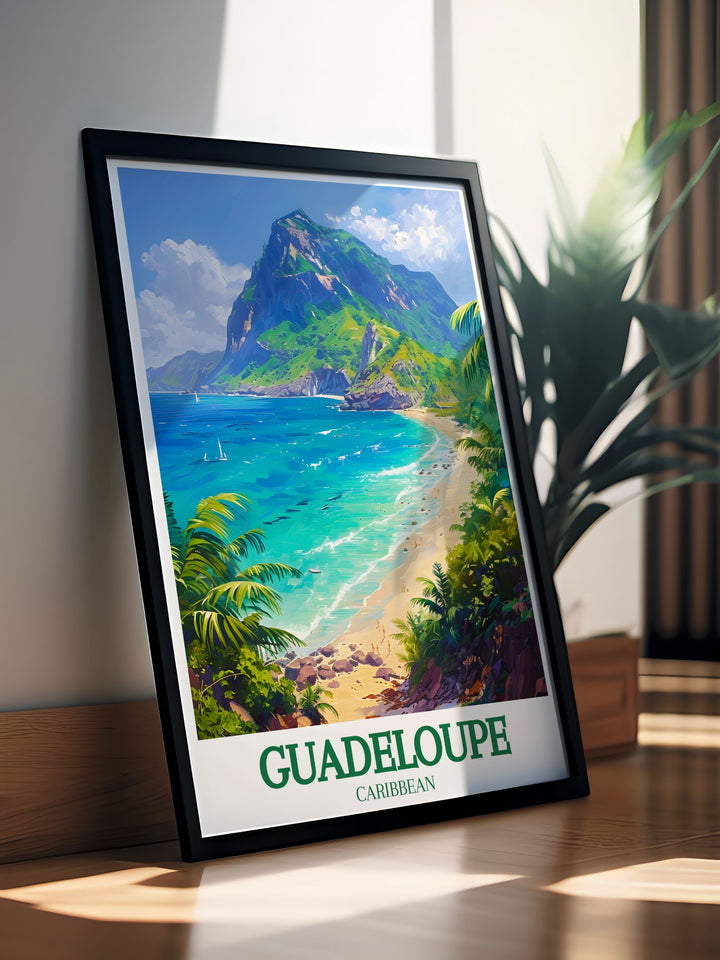 The dramatic peaks and lush slopes of La Soufrière Volcano are showcased in this travel poster, capturing the rugged beauty of Guadeloupes highest point. Perfect for nature enthusiasts, this piece brings the wild beauty of the Caribbean into your decor.