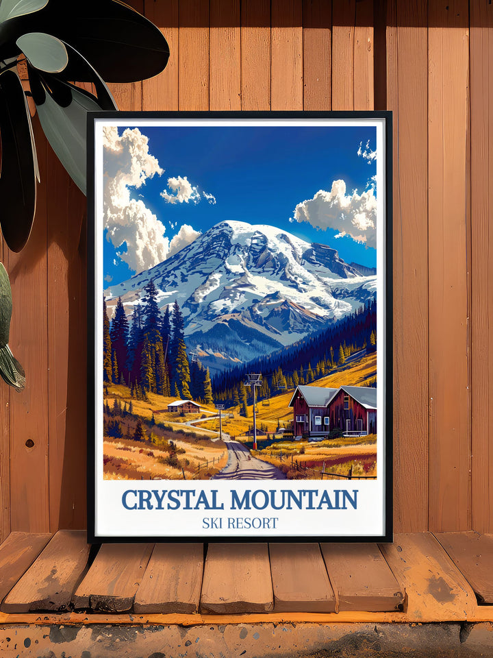 A vibrant print showcasing the iconic slopes of Crystal Mountain and the breathtaking sight of Mount Rainier, ideal for adding a touch of alpine beauty to your home.