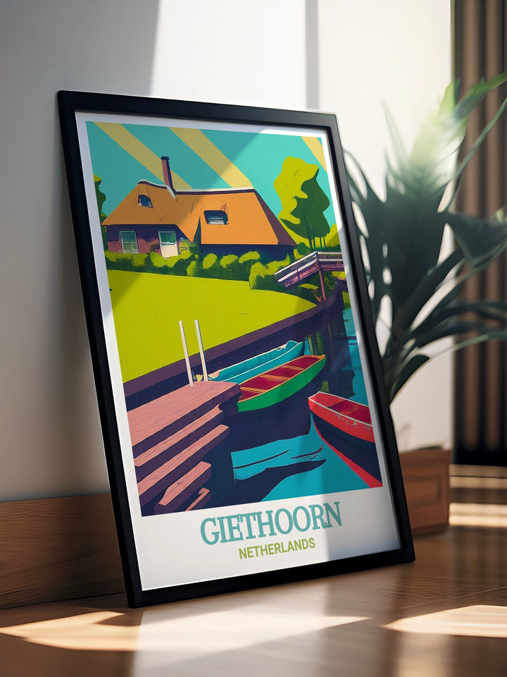 A stunning Giethoorn art print that celebrates the beauty of the Netherlands countryside. This poster features the tranquil canals and lush greenery of Giethoorn, making it a perfect addition to your collection of travel art and a great way to bring the Dutch landscape into your home.