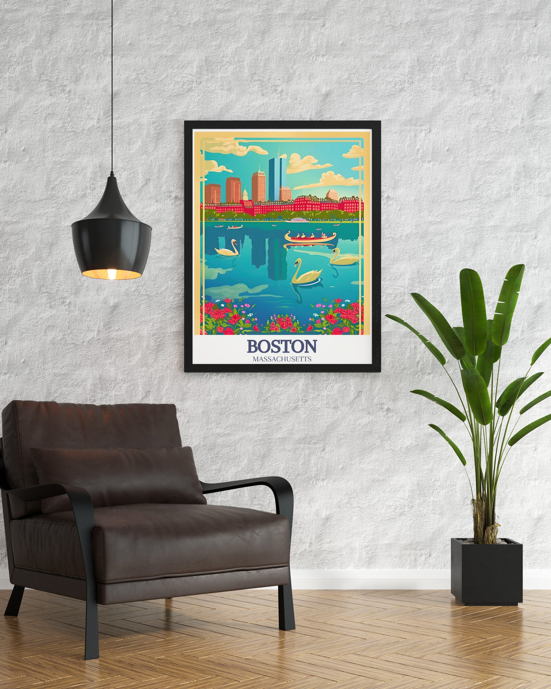 Boston Wall Art features the skyline along the Charles River with a focus on the iconic Financial District. This framed art piece is an elegant addition to any home, bringing the unique charm and energy of Bostons urban landscape into your living space.