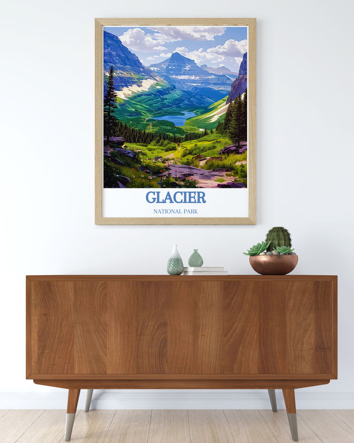 Experience the historical significance of Glacier National Park with this beautifully illustrated poster. Featuring landmarks such as historic lodges and preserved wilderness areas, this piece celebrates the parks rich history and natural heritage.