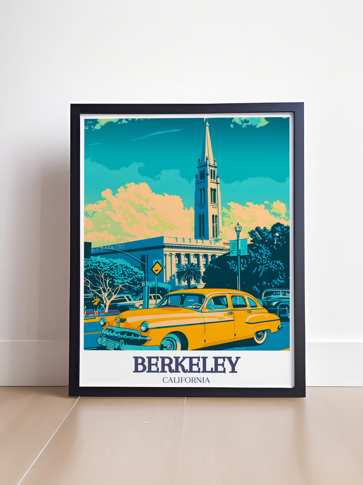 Our Berkeley art print captures the harmony of the citys natural landscapes and historic architecture, including the renowned Campanile. This travel print is the ideal addition to any space celebrating Berkeleys unique history and natural beauty.