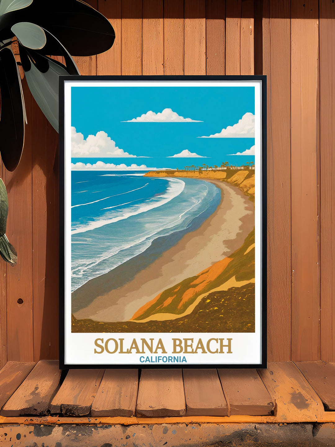 A vibrant travel print of Solana Beach and Fletcher Cove in California, perfect for anyone seeking to decorate their space with beach inspired art. This Solana Beach wall art captures the spirit of the coast, offering a stunning visual experience for any room or office.