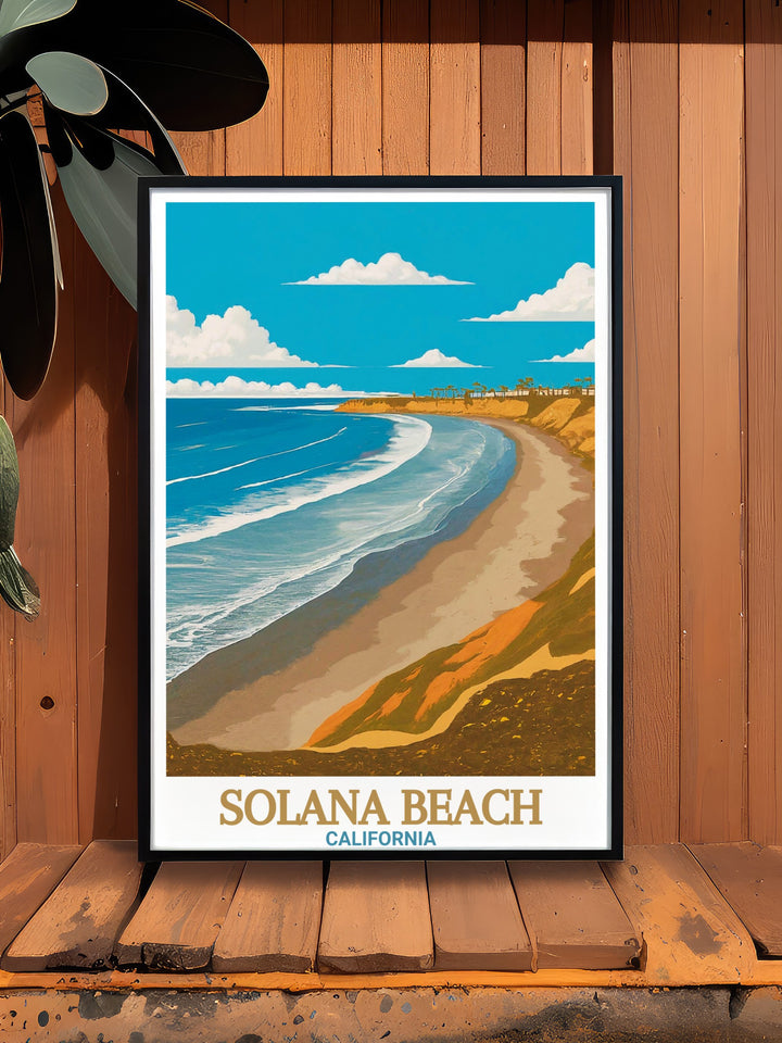 A vibrant travel print of Solana Beach and Fletcher Cove in California, perfect for anyone seeking to decorate their space with beach inspired art. This Solana Beach wall art captures the spirit of the coast, offering a stunning visual experience for any room or office.