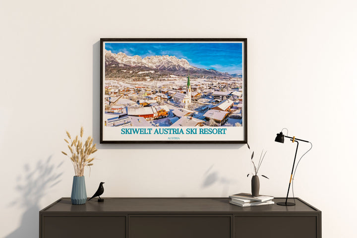 Add alpine charm to your home with this SkiWelt Austria Ski Resort Print showcasing the stunning Ellmau region. Perfect for ski lovers and vintage art enthusiasts this print captures the serene beauty of Austrias most beloved winter destinations.