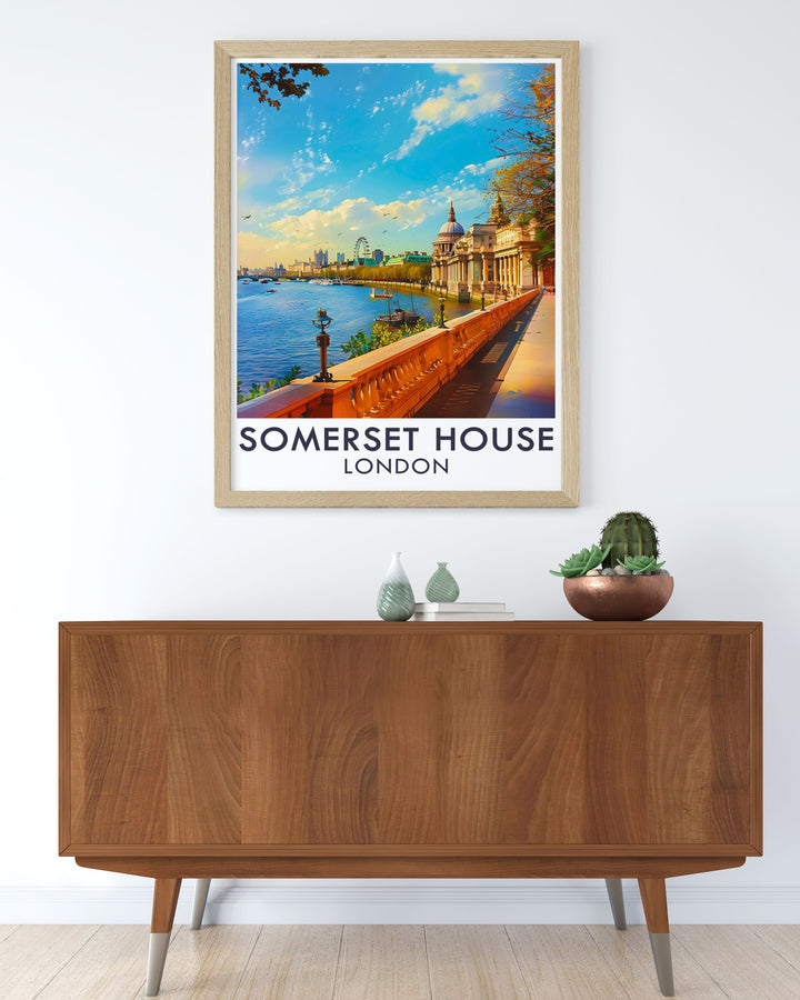 Framed London Artwork with intricate details of Somerset House and other London landmarks The river terrace Stunning Living Room Decor