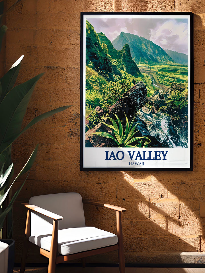 This Iao Valley travel print highlights the natural wonder of the Iao Needle and the calm Iao Stream as they cut through the lush greenery of the valley. Perfect for lovers of Hawaiis serene landscapes, this poster is a stunning addition to any living room, bedroom, or office.