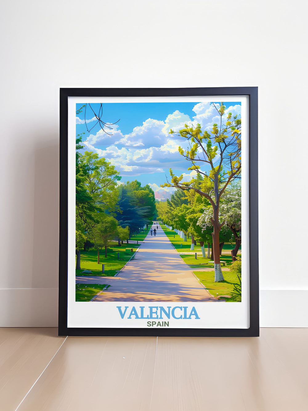 A stunning depiction of Valencias Turia Gardens, this wall art combines the citys vibrant energy with the peacefulness of its lush park. The travel print is ideal for those who appreciate both natural beauty and urban charm in their decor.