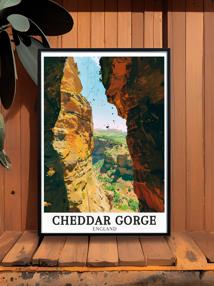 This canvas art print highlights the timeless beauty of Cheddar Gorge and its surrounding Mendip Hills, including the famous show caves, perfect for decorating a room with a nature inspired, rustic feel.