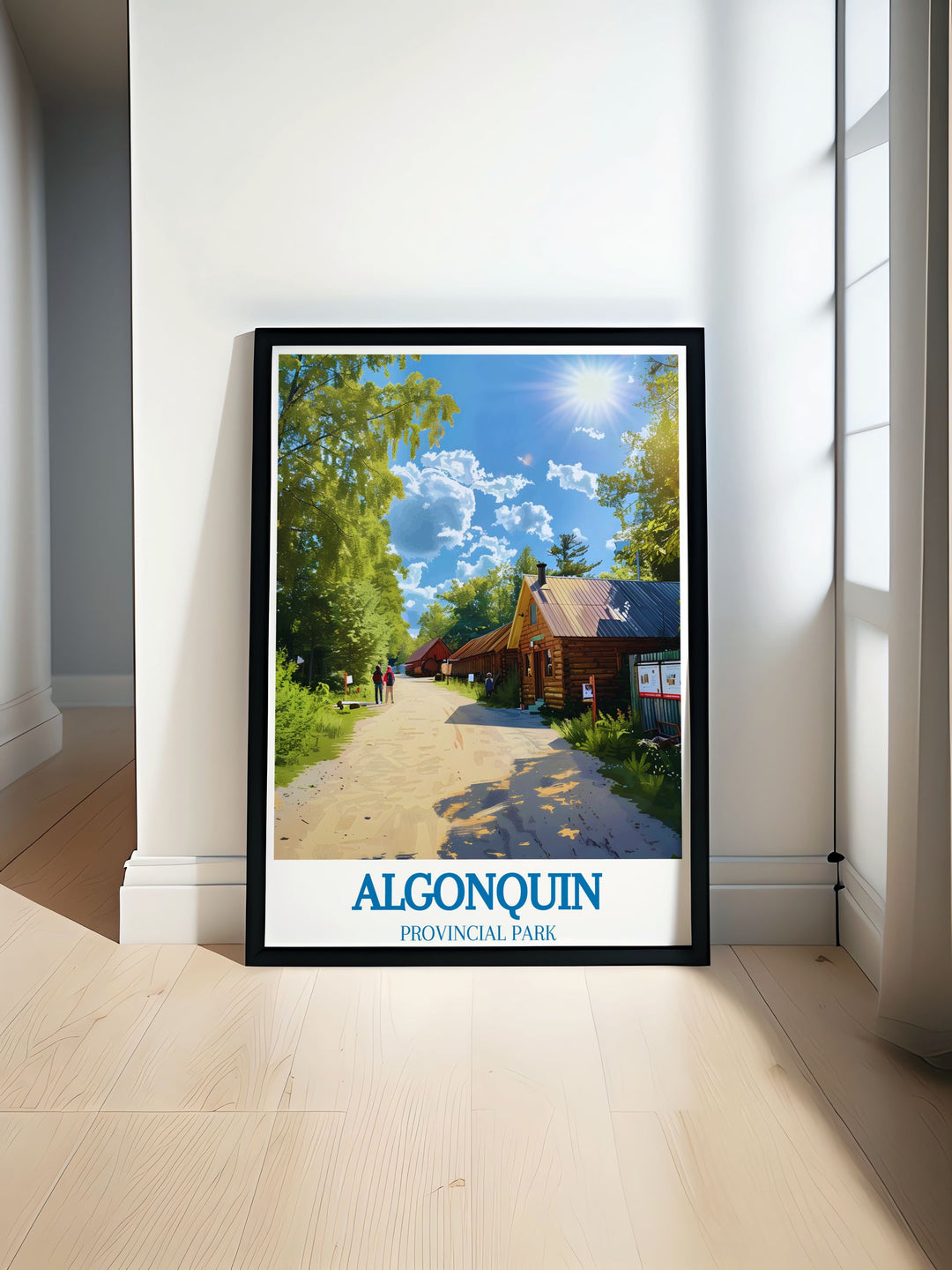 Algonquin Logging Museum illustration captures the historic essence of Algonquin Provincial Park with its lush forests and serene lakes, making it a perfect piece of Canada wall art for nature and history enthusiasts, beautifully depicting the rich heritage of the Canadian wilderness.