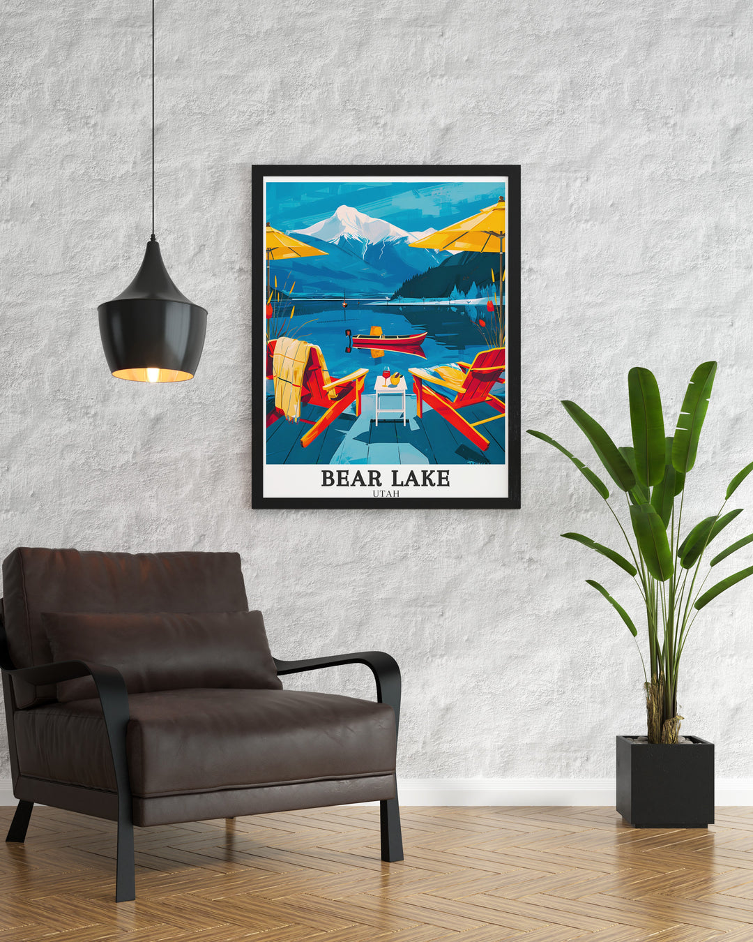 Vintage poster of the Wasatch Mountains with Bear Lake in the foreground offering a timeless depiction of this stunning location ideal for classic home decor