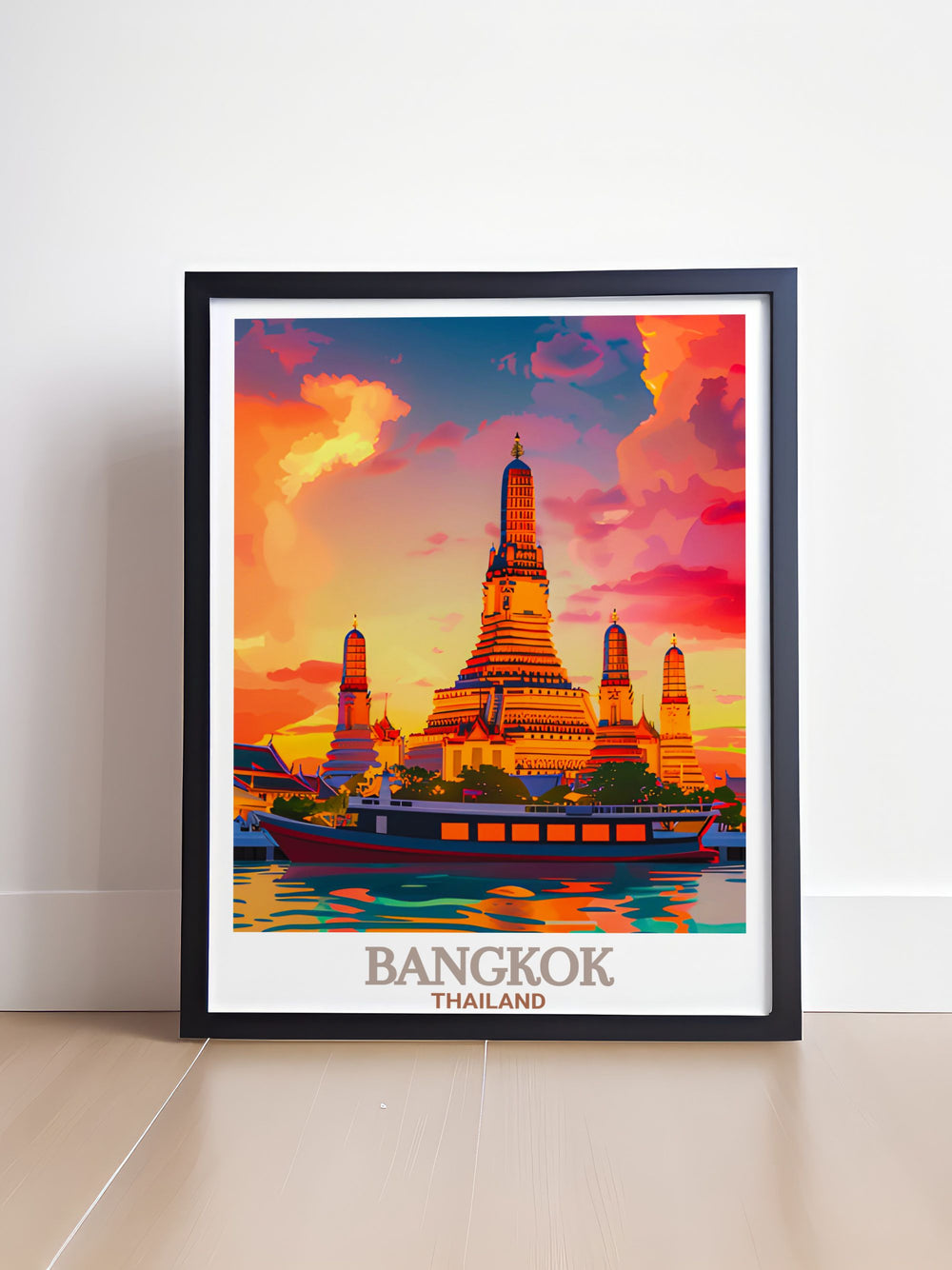 Elegant Wat Arun Framed Print showcasing the serene beauty of Bangkoks Wat Arun perfect for adding a sophisticated touch to home decor and celebrating Thailands rich cultural heritage