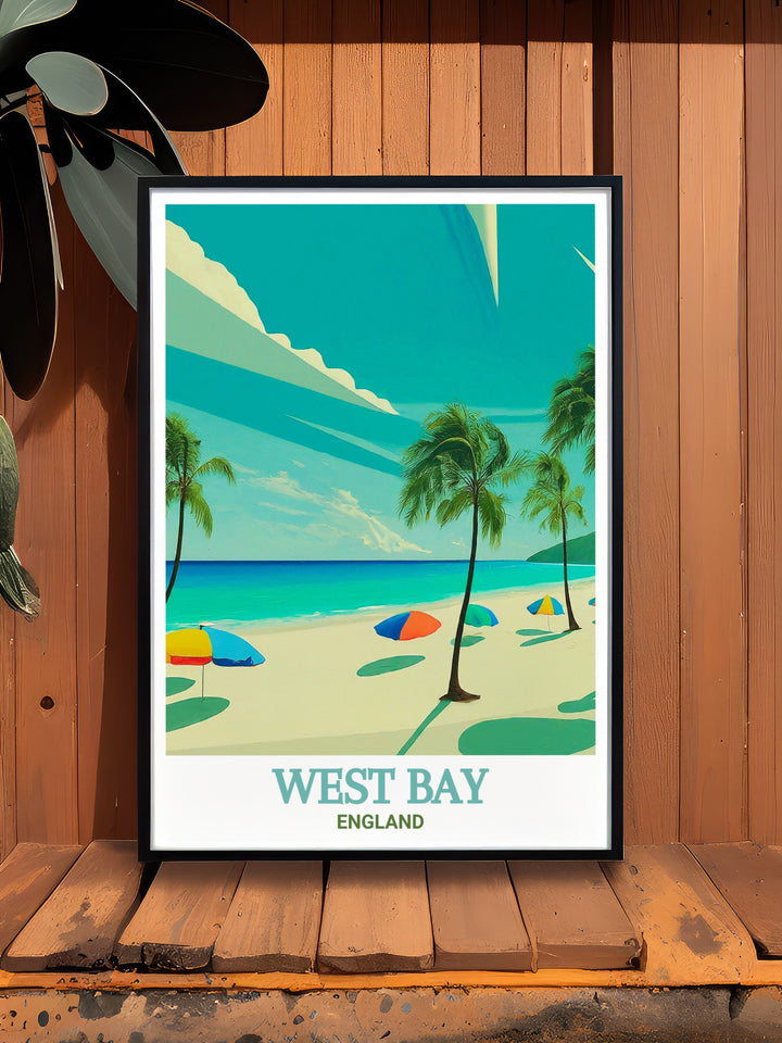 West Bay travel print showcasing the iconic cliffs and beach of Englands Jurassic Coast. This artwork captures the rugged beauty of the coastline, offering a vibrant addition to home décor or as a thoughtful travel gift for lovers of English landscapes.